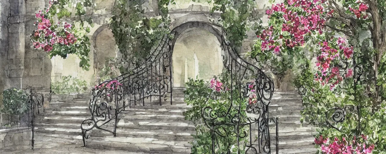 Image similar to flower, courtyard walkway, fountain, castle, stairway, chairs, wrought iron, gate, tree, delicate, botanic garden, road, botanical herbarium paper, watercolor colored painting, iridescent colors, 8 k, realistic shaded, fine details, artstation, italian style, colonnade