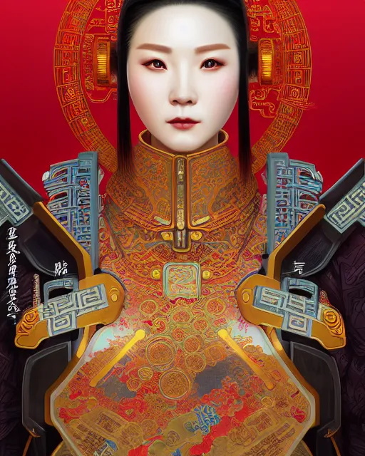 Image similar to portrait of a chinese cyberpunk machine, machine face, robed, upper half portrait, decorated with chinese opera motifs regal asian machine robot cyberpunk fine china, wuxia, traditional chinese art intricate intense elegant 京 剧 highly detailed digital painting artstation concept art smooth sharp focus illustration, art by artgerm and greg rutkowski alphonse mucha 8 k