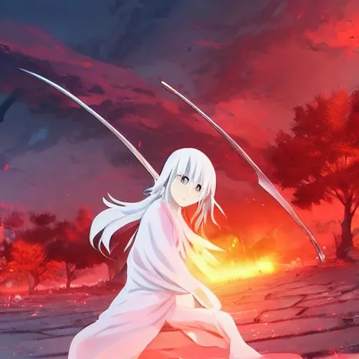 Prompt: advanced digital anime art, white haired girl with a red hooded cloak holding a 5 feet scythe fighting the Grimm reaper in a ruined city, filmic lighting , by Makoto Shinkai. —W 1920 —H 1080