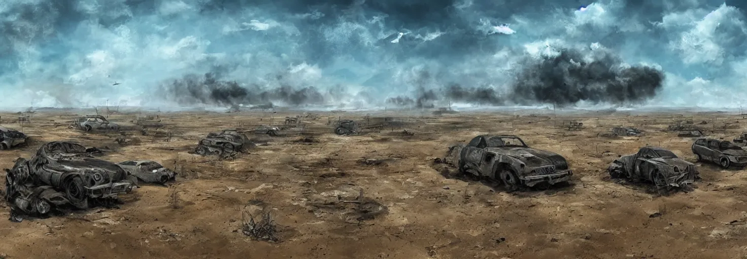 Image similar to wastelands by day, detailed ground, blue sky, smoke, end of war, vehicle wrecks, as seen by the artist, digital artist, simple composition