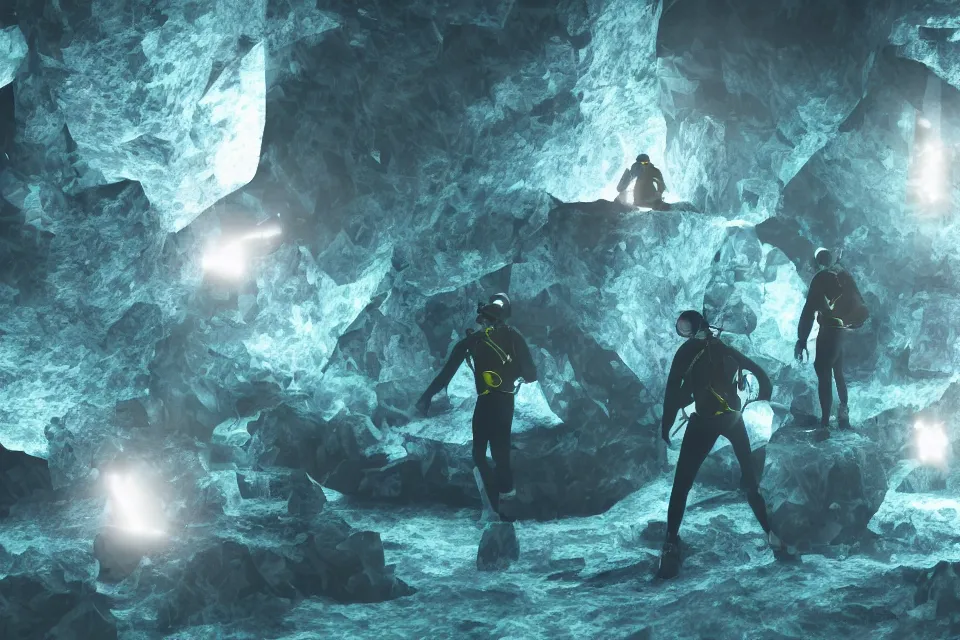 Image similar to divers with headtorch exploring a mystical crystal cave, realistic, octane render