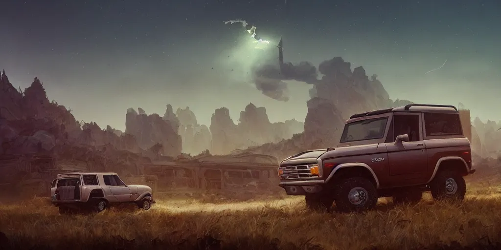 Prompt: ford bronco, an epic fantasy, dramatic lighting, cinematic, establishing shot, extremely high detail, photorealistic, cinematic lighting, artstation, by simon stalenhag, horizon forbidden west