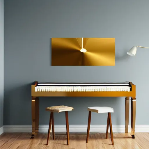 Image similar to piano room with golden vinyl hanging on walls, 8 k, digital art.