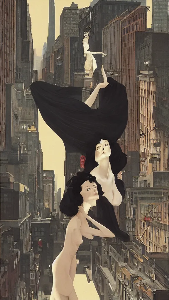 Image similar to a tall and beautiful pale woman with very black hair with a crown on her head walk in the streets of new york circa 1 9 8 4 edward hopper and james gilleard, surreal, open ceiling, highly detailed, airbrush, ilya kuvshinov, wlop, stanley artgerm, very coherent, art by takato yamamoto and james jean