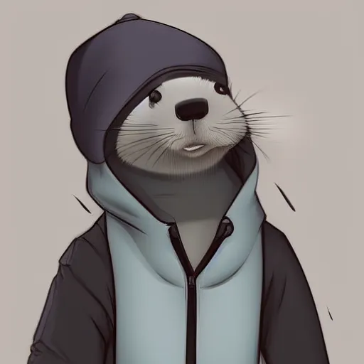 Image similar to An anthropomorphic ferret wearing a grey hoodie and a beanie, trending on FurAffinity