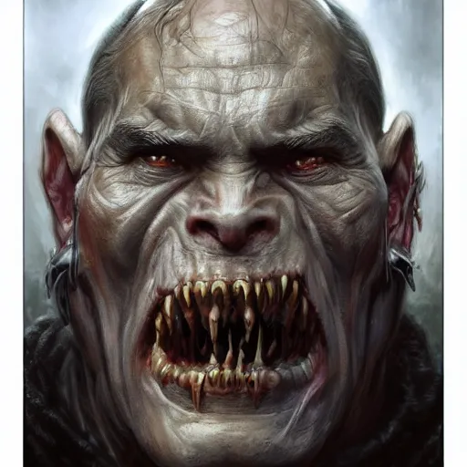 Image similar to vladimir putin, is orc, rotten tooth, horror, macabre by donato giancola and greg rutkowski and wayne barlow and zdzisław beksinski, realistic face, digital art