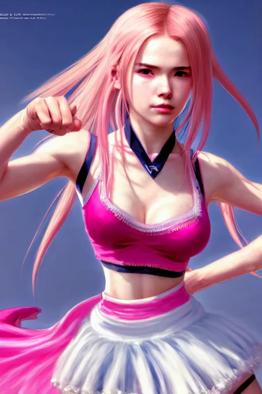 Prompt: Tekken 4 fighter anime Stunning Portrait Belle Delphine with Crop top and pink skirt, Pink Shades, in a fighting stance, digital painting, artstation, concept art, soft light, hdri, smooth, sharp focus, illustration, art by tian zi, craig mullins, Mark Arian, WLOP, alphonse mucha