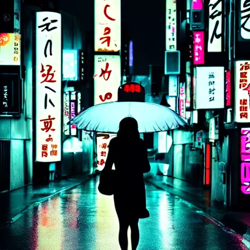 Prompt: a woman holding an umbrella, walking down the streets of tokyo, with neon signs, while it's raining. cinematic lighting, digital art. award winning.