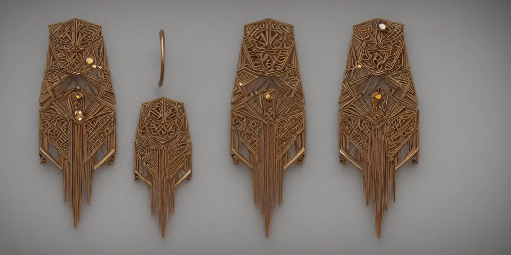 Image similar to earring design, jewelry design, wood, nordic, art deco, intricate, elegant, material, product design, trending on artstation, cgsociety, photo realistic, design by ziva cph and isabel lennse and kalevala, 8 k, unreal engine, c 4 d