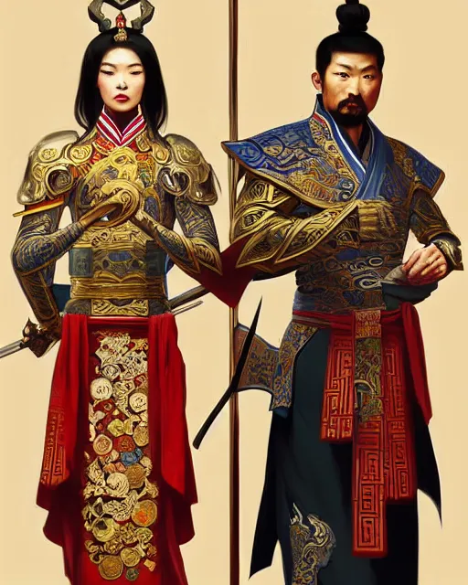 Image similar to suit up man and chinese ancient warrior back to back, decorated with opera motifs, traditional chinese art, intricate, elegant, highly detailed, digital painting, artstation, concept art, smooth, sharp focus, illustration, art by artgerm and greg rutkowski and alphonse mucha, 8 k