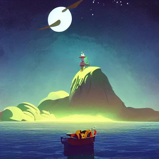 Image similar to sea under starry sky, animated film, stylised, illustration,, fantasy art, 2 d game art, by eyvind earle, scott wills, genndy tartakovski, roman shipunov, etienne hebinger, atey ghailan, cgsociety, cynical realism