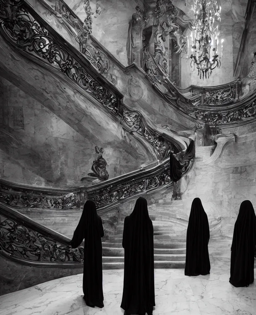 Image similar to several ritualistic figures shrouded in a long trailing dark black opaque gown, descending in tandem down a giant marble staircase away from a conference room, photorealism, hyperrealism, harsh lighting, dramatic lighting, medium shot, serious, gloomy, foreboding, cinematic, creepy