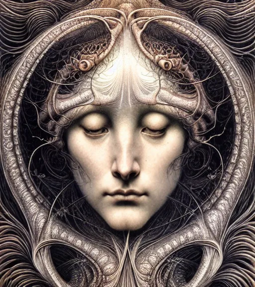 Image similar to detailed realistic beautiful gloaming goddess face portrait by jean delville, gustave dore, iris van herpen and marco mazzoni, art forms of nature by ernst haeckel, art nouveau, symbolist, visionary, gothic, neo - gothic, pre - raphaelite, fractal lace, intricate alien botanicals, ai biodiversity, surreality, hyperdetailed ultrasharp octane render