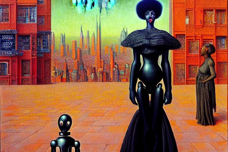 Image similar to realistic extremely detailed portrait painting of a beautiful black woman with in a dress a robot, city street on background by Jean Delville, Amano, Yves Tanguy, Ilya Repin, William Holman Hunt, Ernst Haeckel, Edward Robert Hughes, Roger Dean, rich moody colours