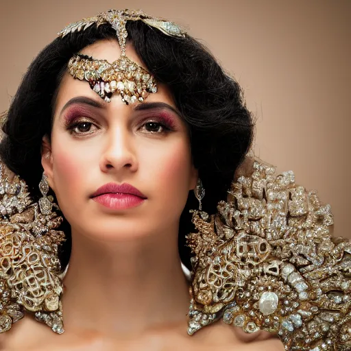 Image similar to close shot portrait of a lavish woman of society, wearing embellished jewelry and attire with woven flourishes, learned gaze in the eyes, bokeh, light from top right, diverse textures