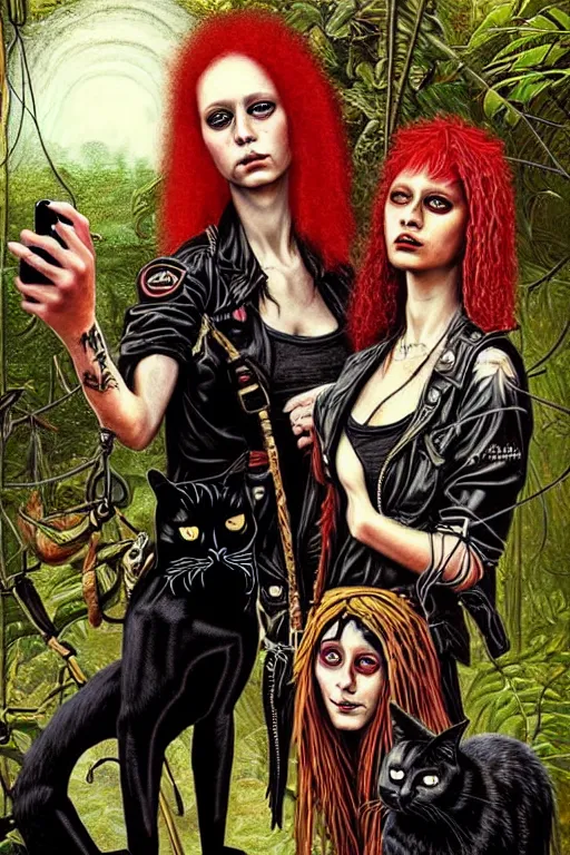 Image similar to punk rock girls making selfie with black cats in jungle , 1980 style, mad max jacket, post apocalyptic, renaissance, highly detailed, digital painting, 4k, oil painting by Leonardo Da Vinci, hyper realistic style, fantasy by Olga Fedorova