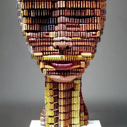 Prompt: natalie portman sculpture made out of wine bottles