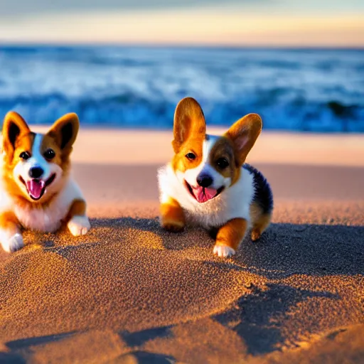 Image similar to 8k highly detailed photograph of the two most adorable Corgi Puppies playing on a sandy beach in California, golden hour,