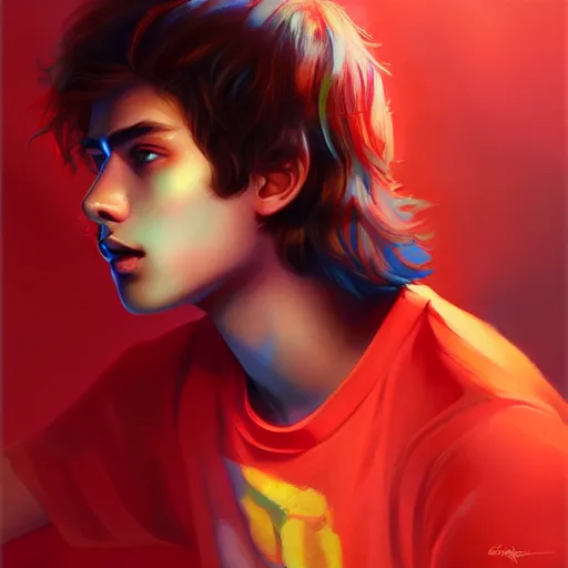 Image similar to colorful and festive captivating teenager with straight brown hair covering his eye, dark skin, big lips, big eyes, wearing a red t - shirt. rich vivid colors, ambient lighting, dynamic lighting, 4 k, atmospheric lighting, painted, intricate, highly detailed by charlie bowater