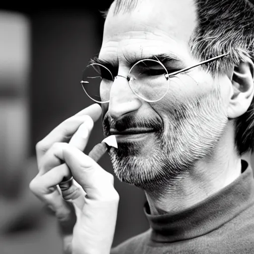 Image similar to steve jobs eating a banana, realistic, 8k, photorealistic face, professional photography, black and white, high contrast,