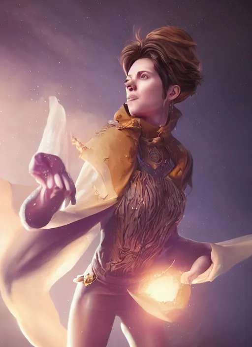 Image similar to An epic fantastic realism comic book style portrait painting of a beautiful psychic sorcerous, short brown hair, floating in the air, D&D Concept Art, unreal 5, DAZ, hyperrealistic, octane render, cosplay, RPG portrait, dynamic lighting