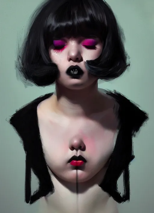 Prompt: portrait of a plump teenager with a crooked nose and a confident expression, 1 9 6 0 s, black clothes, goth, punk, brightly coloured hair, funk, intricate, elegant, highly detailed, digital painting, artstation, concept art, smooth, sharp focus, illustration, art by wlop, mars ravelo and greg rutkowski