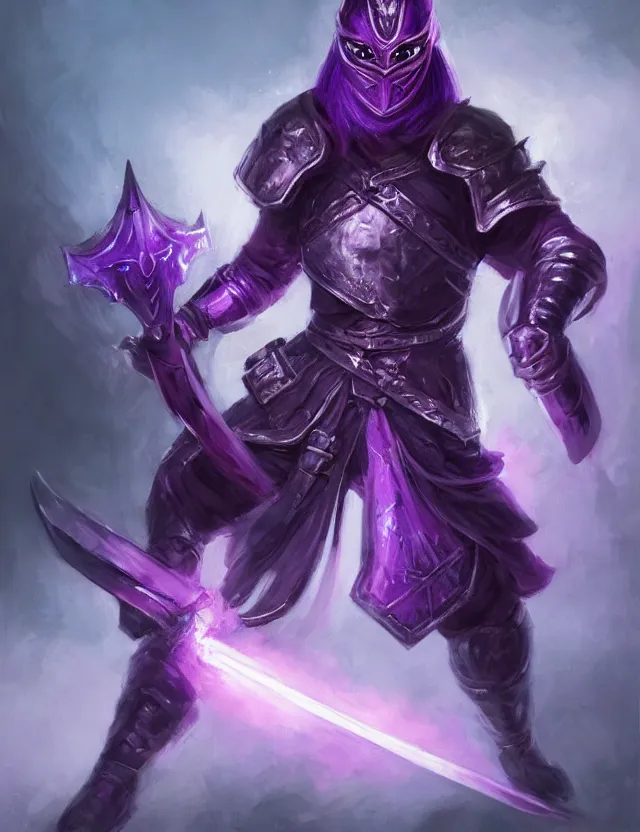 Image similar to a masked warrior in purple armour glowing violet, wielding a large purple sword that flashes with lightning, by frank fazetta and peter mohrbacher, trending on artstation, digital art, 4 k resolution, detailed, high quality, hq artwork, coherent, insane detail, concept art, character concept, character full body portrait