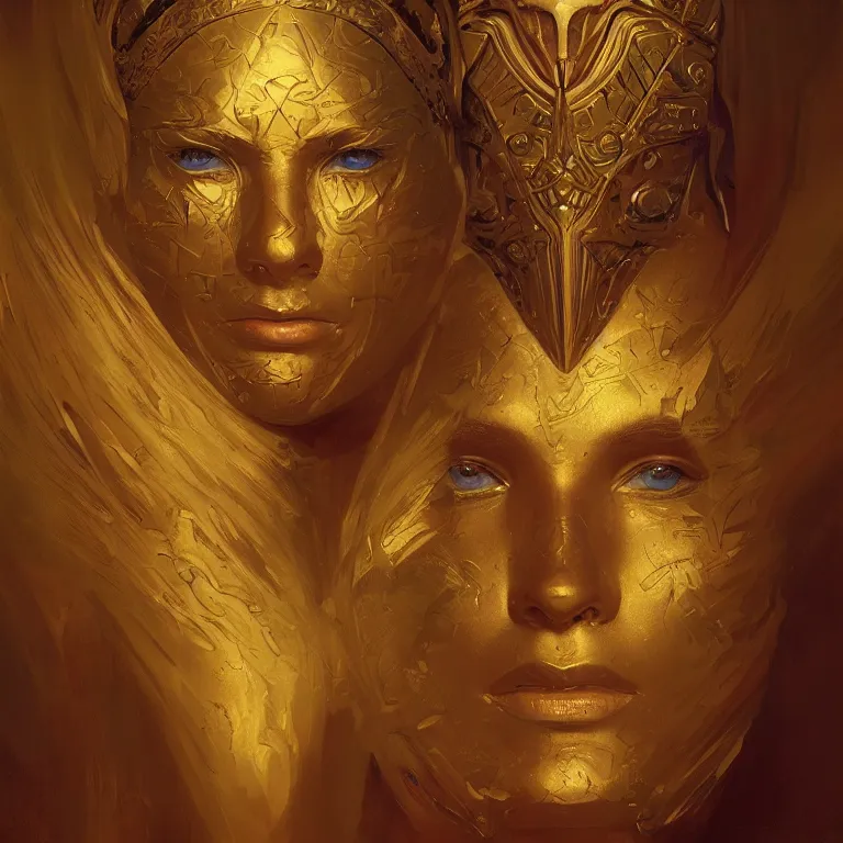 Prompt: portrait of a golden mask with three faces, D&D, fantasy, highly detailed, digital painting, artstation, smooth, sharp focus, illustration, art by artgerm and greg rutkowski and alphonse mucha