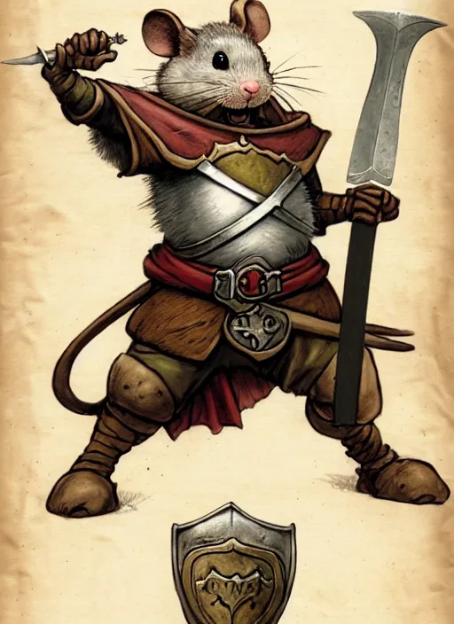 Image similar to a heroic mouse knight with sword and shield on a parchment background, redwall, greg rutowski and jean baptiste monge, detailed, epic fantasy concept art, full body