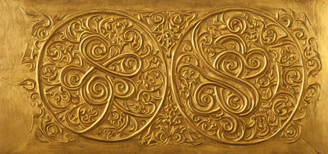 Prompt: ornate bold high - relief carving of infinity symbols on a gold panel