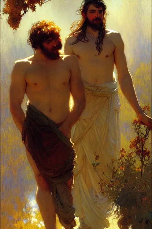 Image similar to 2 attractive male, painting by gaston bussiere, craig mullins, greg rutkowski, alphonse mucha