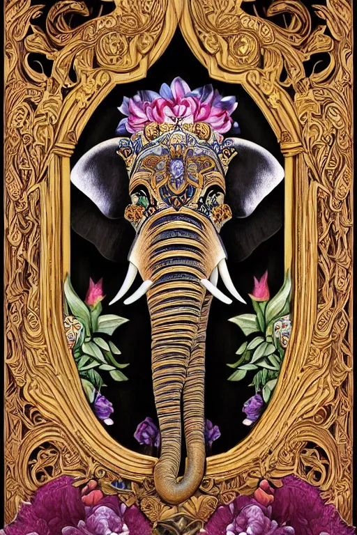 Image similar to Painted dark-wood panel relief carving of a Flowerpunk Matriarch Elephant, ornate border frame, explosion of colorful flowers, dark wood, intricately carved, black ink, festival of rich colors, intricate details, cinematic lighting, volumetric lighting, post-processing, art nouveau, by andreas rocha and john howe, and Martin Johnson Heade, featured on artstation, featured on behance, golden ratio, hyper detailed, photorealistic, epic composition, center spotlight, f32, well composed, UE5, 8k