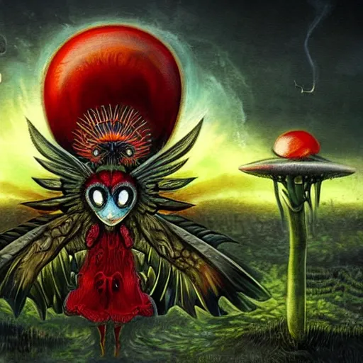 Image similar to A centered chest up portrait of a psychedelic godlike mothman with giant mandala wings smoking a hand-rolled cigarette smoking heavily , magic mushroom village in background , award winning. superb resolution. in the art style of junji Ito and greg rutkowski . Detailed Mushroom city in background. Hyper realistic anime. Perfect art. Dalle2