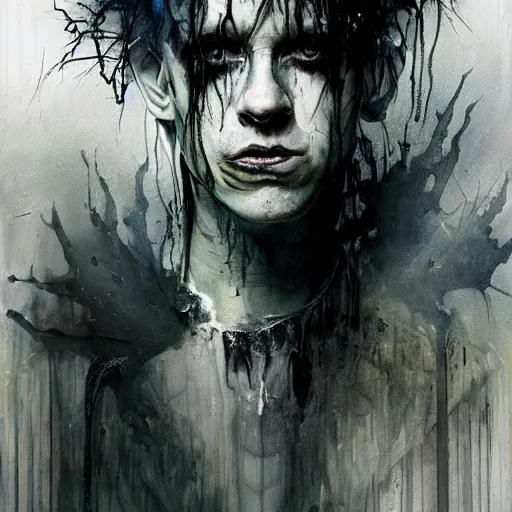 Image similar to portrait of gaunt ( the cure fan ) as dream from sandman, dim stars as eyes, by jeremy mann, by cedric peyravernay, by by russ mills, by richard avedon and ben templesmith, dramatic lightning, sadness, dark eye sockets, in the shadows, punk rock, gothic, high detailed, 8 k