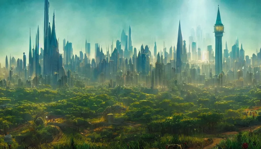 Image similar to a beautiful establishing shot of the emerald city from wizard of oz, by greg rutkowski and kalin popov, trending on artstation, masterpiece,