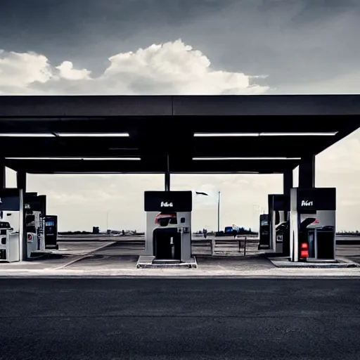 Image similar to a futuristic fuel station in the style of reuben wu, roger deakins, h 1 0 2 4