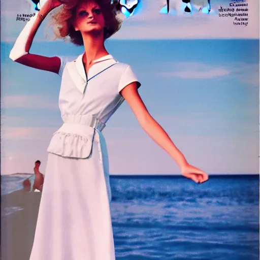 Prompt: 1 9 8 5 italia vogue magazine photo of a dress with cotton set, christian dior style, mediterranean beach background, refracted color lines, night, flash photography