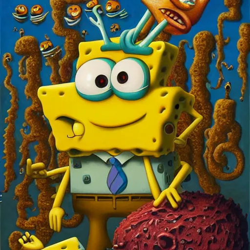 Prompt: SpongeBob SquarePants made of cheese by jacek yerka, alex gray, zdzisław beksiński, dariusz zawadzki, jeffrey smith and h.r. giger, oil on canvas, 8k highly professionally detailed, trending on artstation