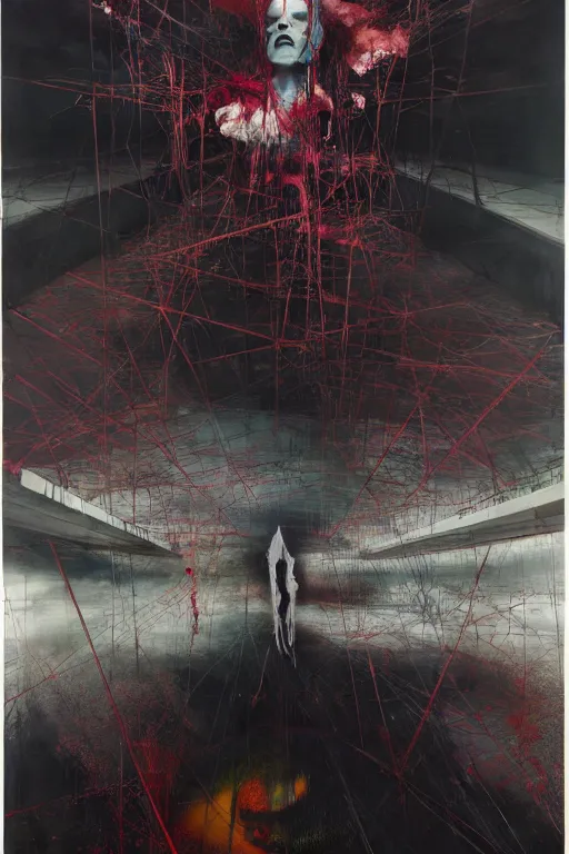 Image similar to the physical impossibility of death, in a brutalist designed space ship, hauntingly surreal, gothic, rich deep colours, painted by francis bacon, adrian ghenie, james jean and petra cortright, part by gerhard richter, part by takato yamamoto. 8 k masterpiece