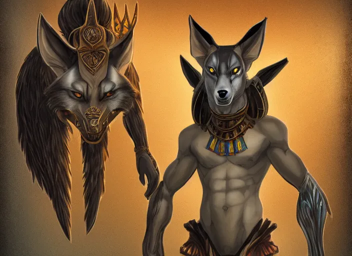 Image similar to award winning concept art fullbody egyptian god wolf anubis character design of a egyptian anubis monster wolf. egyptian god deviantart adoptable, deviantart species style of maple story and rossdraws, artgerm, studio lighting by jessica rossier and brian froud, traditional, artstationhd artstation, disney, hq textures