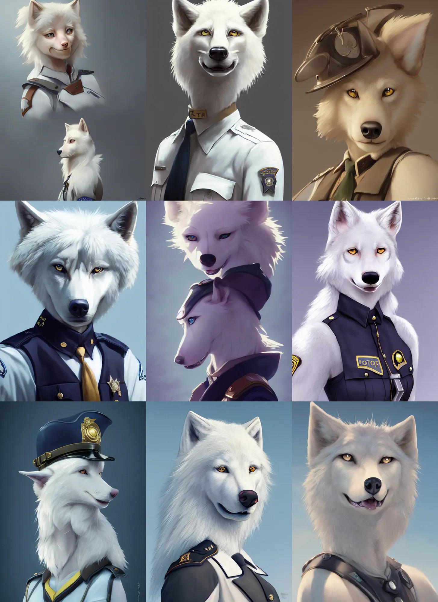 Prompt: beautiful portrait of a female anthropomorphic albino wolf fursona wearing a state trooper uniform. character design by disney, charlie bowater, ross tran, artgerm, and makoto shinkai, detailed, soft lighting, rendered in octane