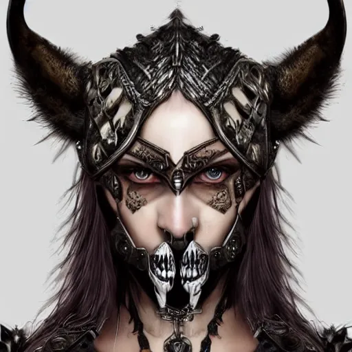 Image similar to a norse woman, facial piercings, very symmetrical, furry warrior's clothing, skull jewelery, highly detailed, by vitaly bulgarov, joss nizzi, ben procter, steve jung, concept art, concept art world, pinterest, artstation, unreal engine