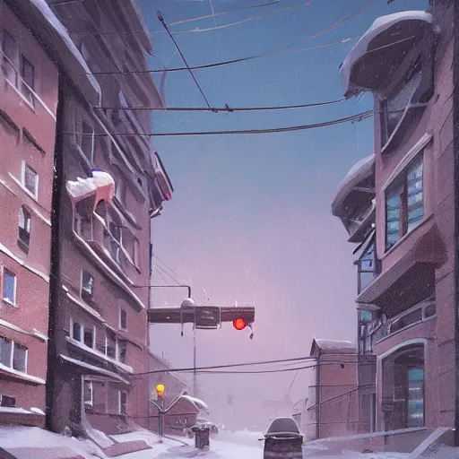 Image similar to a snow covered street with buildings and power lines, concept art by Simon Stålenhag, cgsociety, plein air, concept art, artstation hq, matte drawing