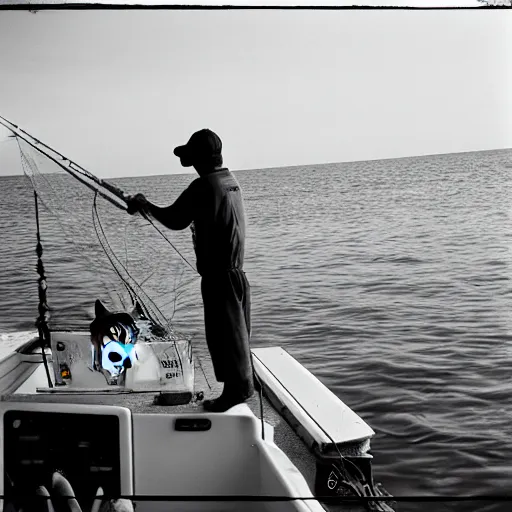 Image similar to fisherman cat, cat fishing from boat, 35 mm photo