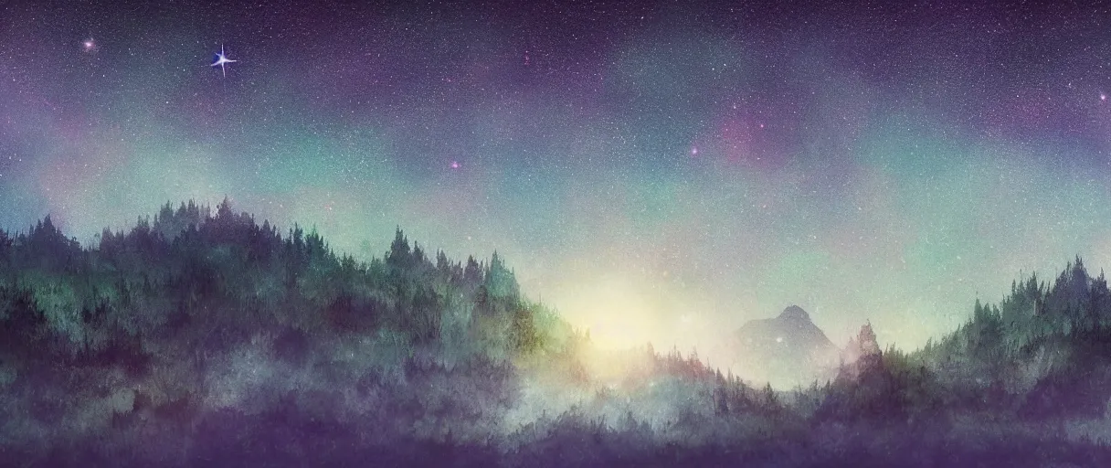 Prompt: digital photography of a ultra detailed night sky with constellations, focused detailed very beautiful native American girl with short hair , Perseides meteor shower, ultra detailed hill top over behind a forest with a magic blue lake, large mountains in back, concept art, low angle, high detail, warm lighting, volumetric, vivid, beautiful, trending on artstation, by Jordan Grimmer, no focus, huge scene, ultra detailed trees, F11 aperture, in the style of JIM RICHARDSON