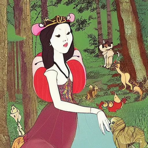 Prompt: A detailed experimental art of Princess Aurora singing in the woods while animals look on. The colors are light and airy, with a hint of mystery in the shadows. The overall effect is dreamlike and fairy-tale like. Korean folk art, alizarin by Dave Gibbons