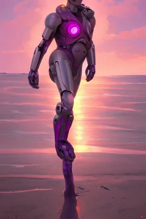 Image similar to matt damon robotic clothes in the beach purple sun, pink lighting ultra realistic photorealistic highly detailed high quality, a stunningly, digital painting, artstation, concept art, smooth, sharp focus, illustration, art by artgerm and greg rutkowski and alphonse mucha 8 k