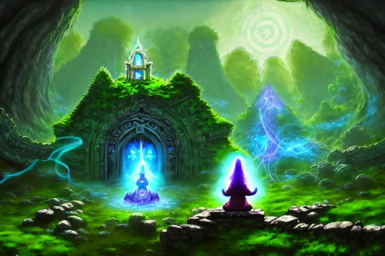 Prompt: a wanderer wearing robes sits in meditation at an ancient shrine. mossy decrepit ruins in a forgotten land. magical leylines emit streaks of various colors of mana streams. a final fantasy concept splash oil painting of a rogue mage absorbing powers from the dungeon depths in an enchanted garden. league of legends splash art