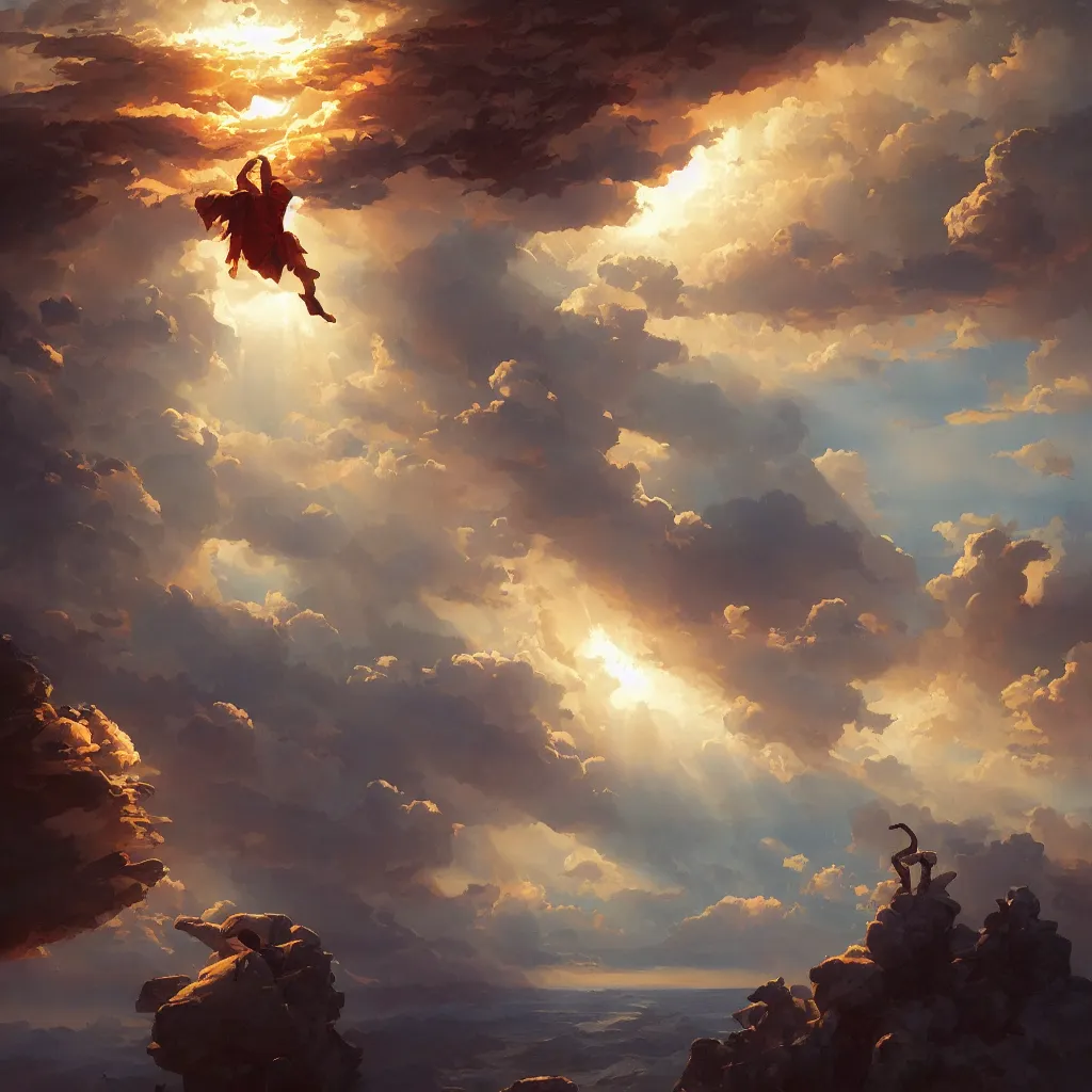 Image similar to a sending down [ of the revelation ] from him who created the earth and the lofty heavens, overdetailed art, by greg rutkowski, by rhads, sharp focus, man standing