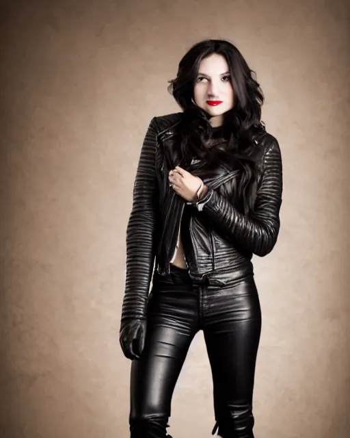 Image similar to young woman in her 20s, she wears a leather jacket and knee high boots, full body portrait, by artgem, taken by a nikon, very detailed face